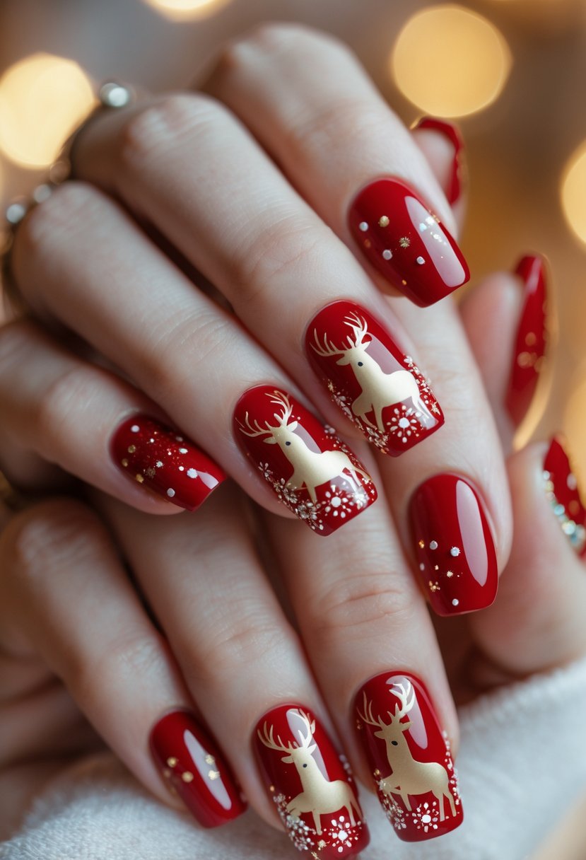 Close-up of hands with red nails decorated with reindeer designs.