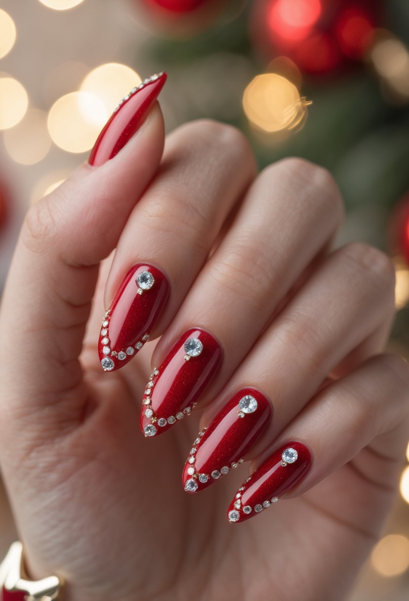 A close-up of a hand with red nails decorated with small rhinestones.