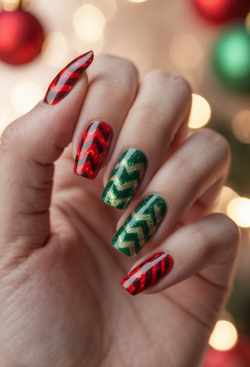 Close-up of a hand showing red and green chevron patterned Christmas nails.