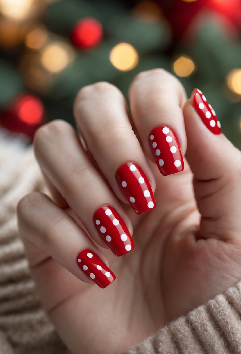 Close-up of a hand with glossy red nails decorated with white polka dots.