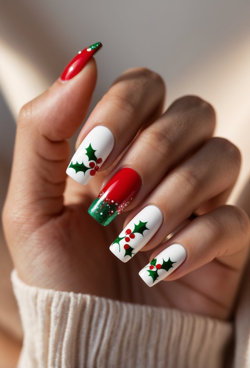 Close-up of a hand with square-shaped French tip nails decorated with red and green Christmas accents.