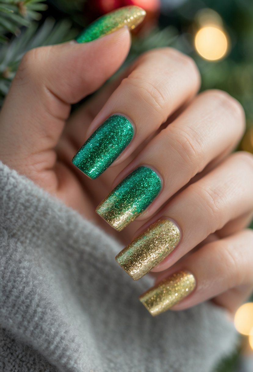 Close-up of hands showing square-shaped nails with green to gold glitter ombre design.