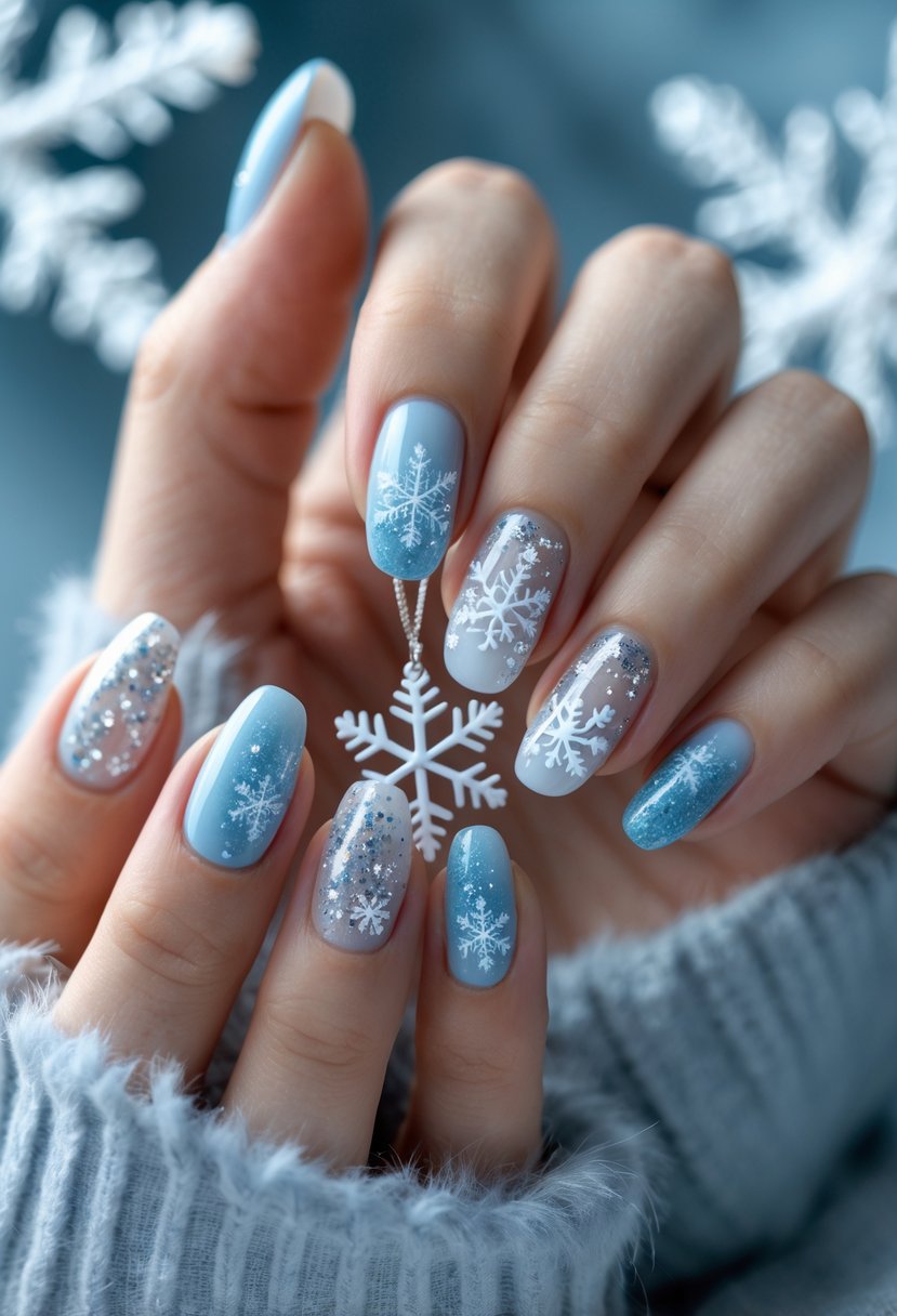Close-up of hands with winter-themed manicured nails holding a white snowflake ornament.