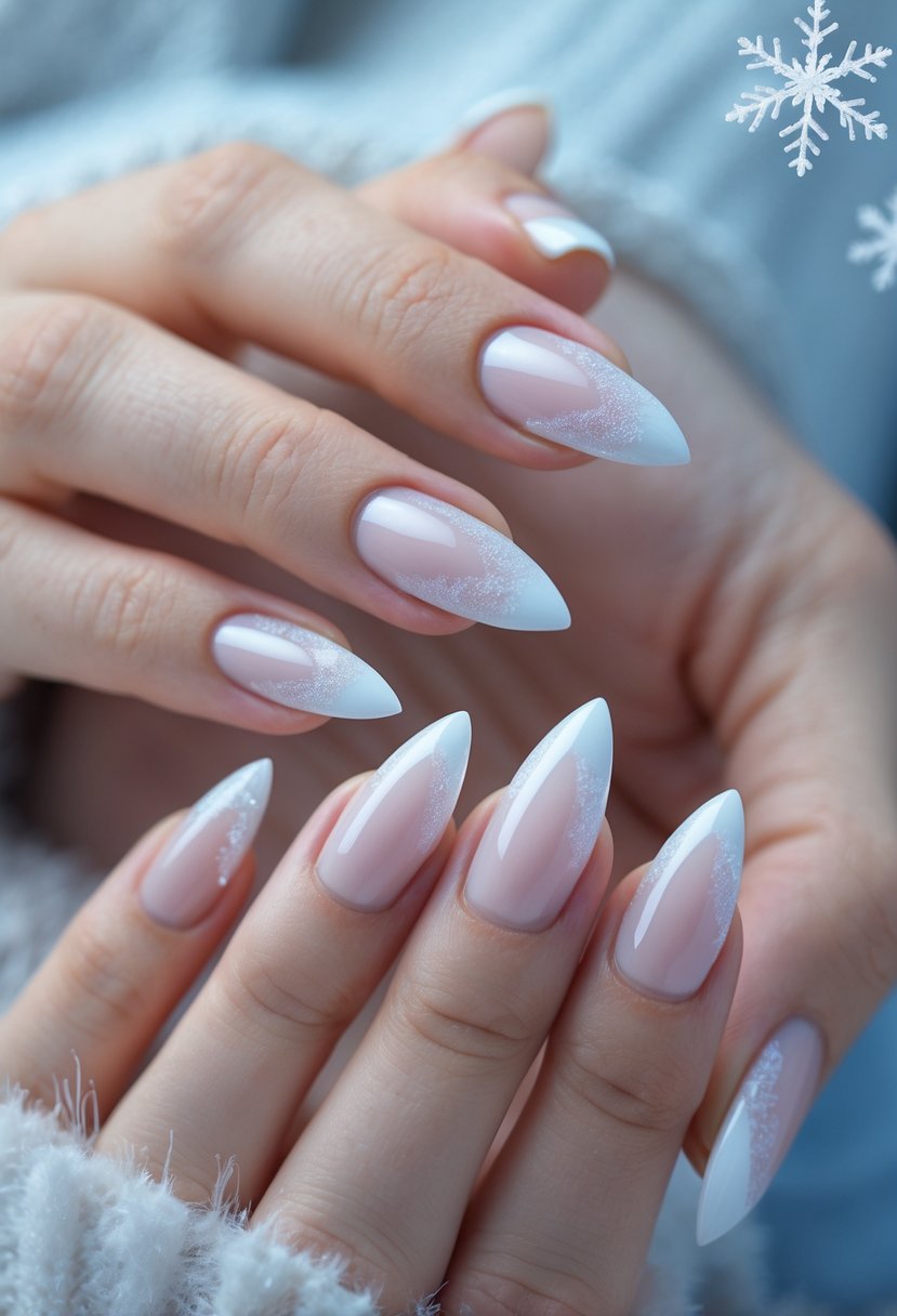 Close-up of hands with clear nails featuring frosty white tips against a soft winter-themed background.