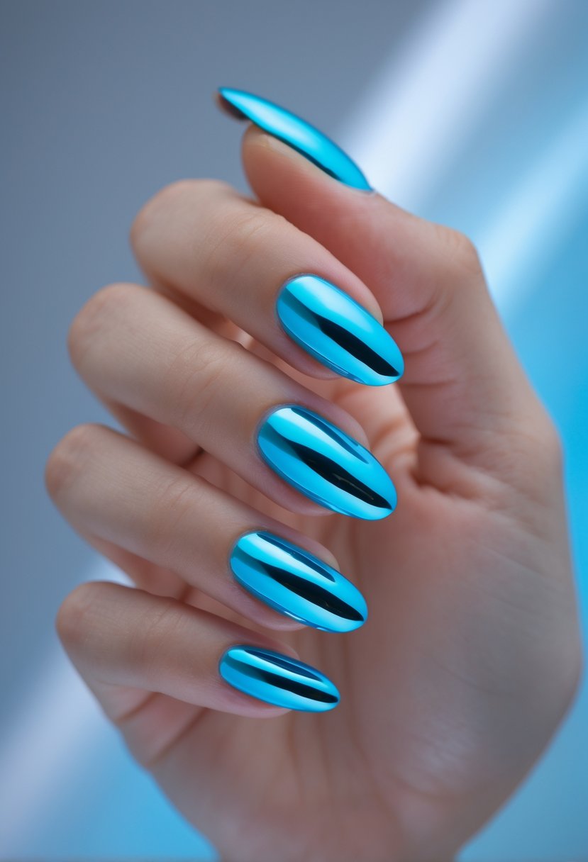 Close-up of a hand with blue chrome painted nails against a neutral background.