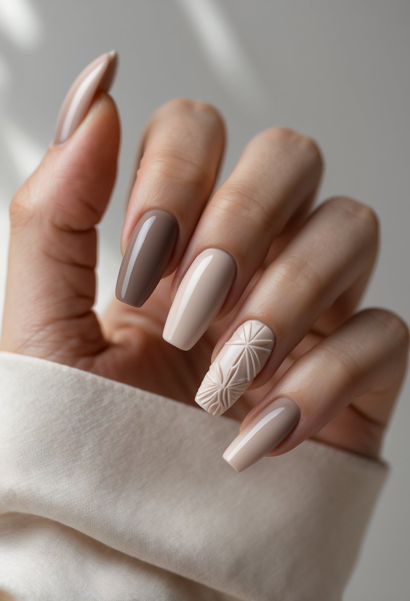 Close-up of a hand with neatly manicured nails featuring subtle 3D designs in light beige tones.