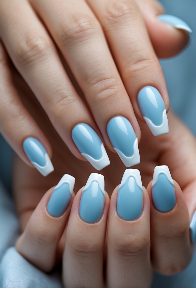 Close-up of hands with medium-length nails featuring wavy baby blue French tips.