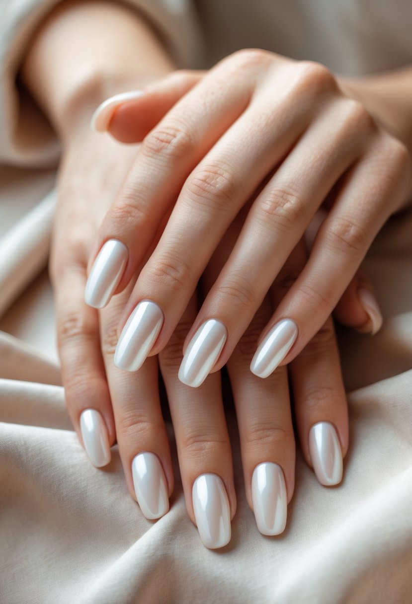 Close-up of hands with pearl white polished nails resting on a neutral background.