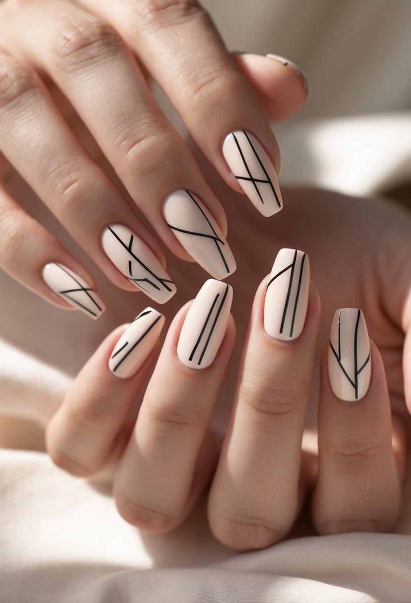 Close-up of hands with neatly manicured nails featuring simple black line designs on a neutral background.