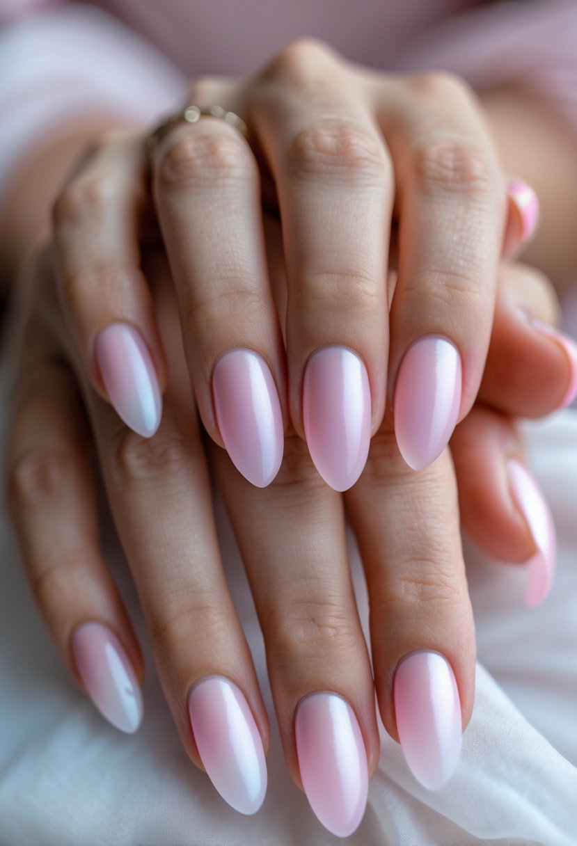Close-up of hands with medium-length nails painted in a frosted pink gradient.