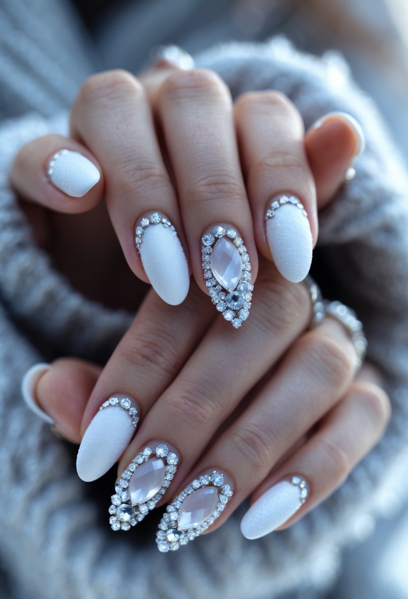 Close-up of hands with white matte nails decorated with rhinestones.