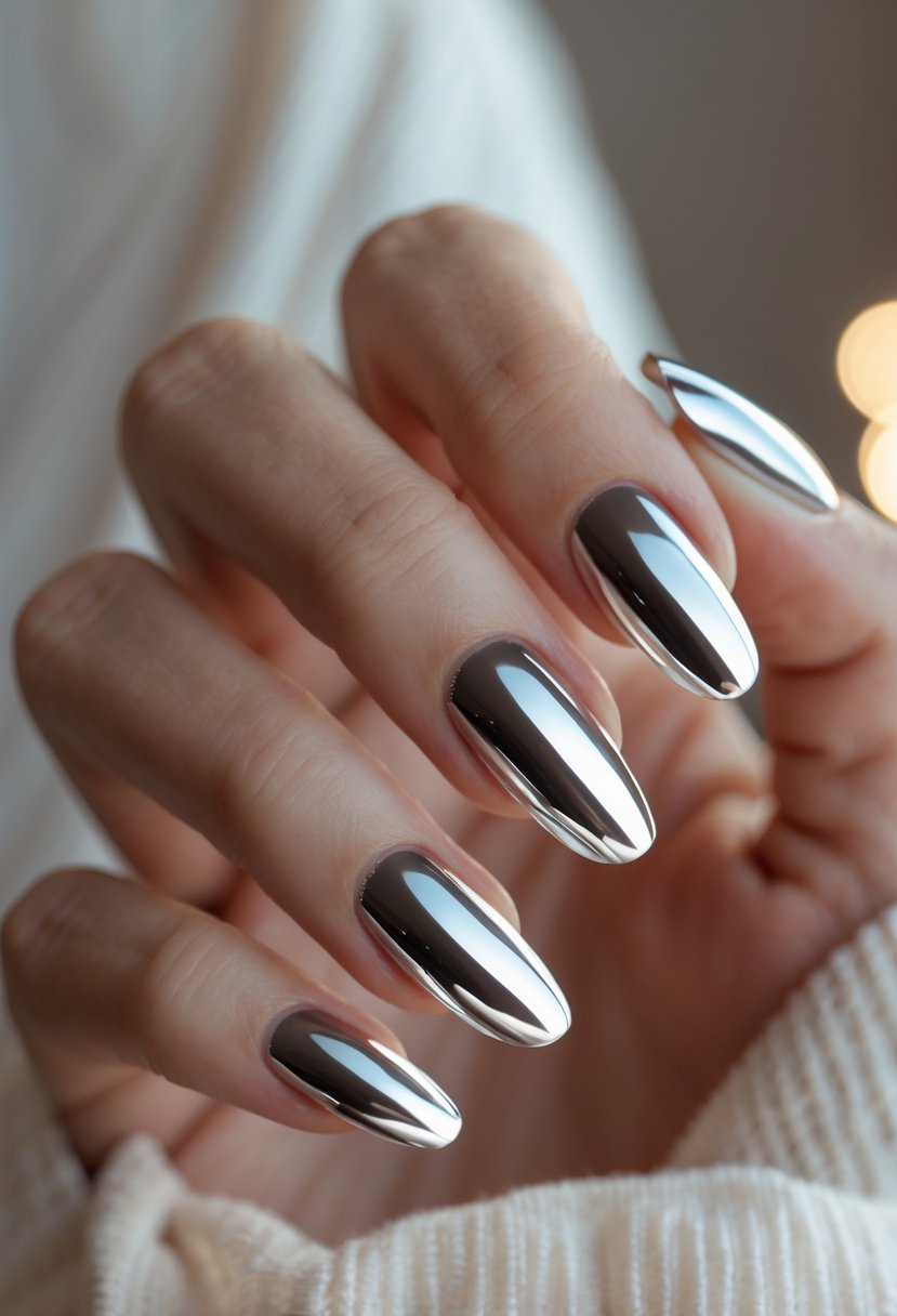 Close-up of a hand showing 21 chrome Christmas-themed nails with matte bases and glossy tips.