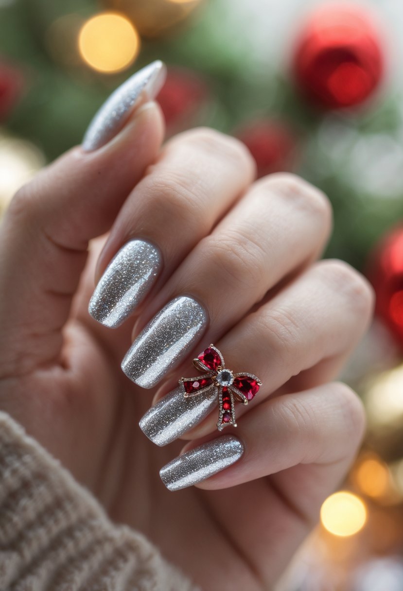 A hand with sparkly silver nails and a red rhinestone bow on one nail.