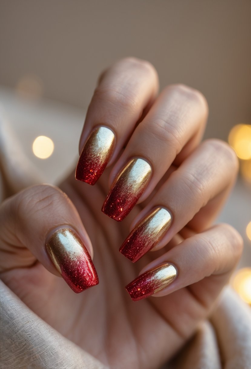 Close-up of a hand with metallic gold nails featuring red glitter ombre tips.