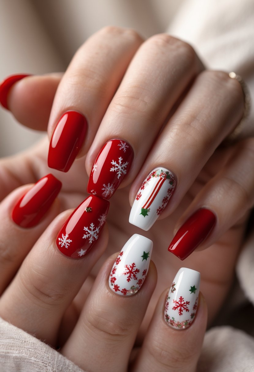 Close-up of hands with short coffin-shaped red and white Christmas-themed nails.