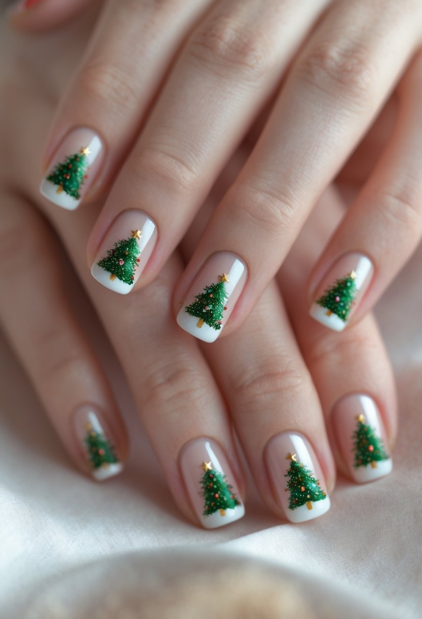 Close-up of hands with short nails decorated with tiny Christmas tree designs.