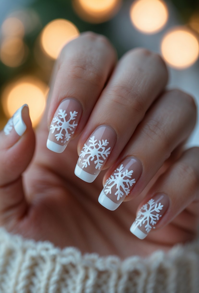 Close-up of a hand with French tip nails decorated with snowflake designs.