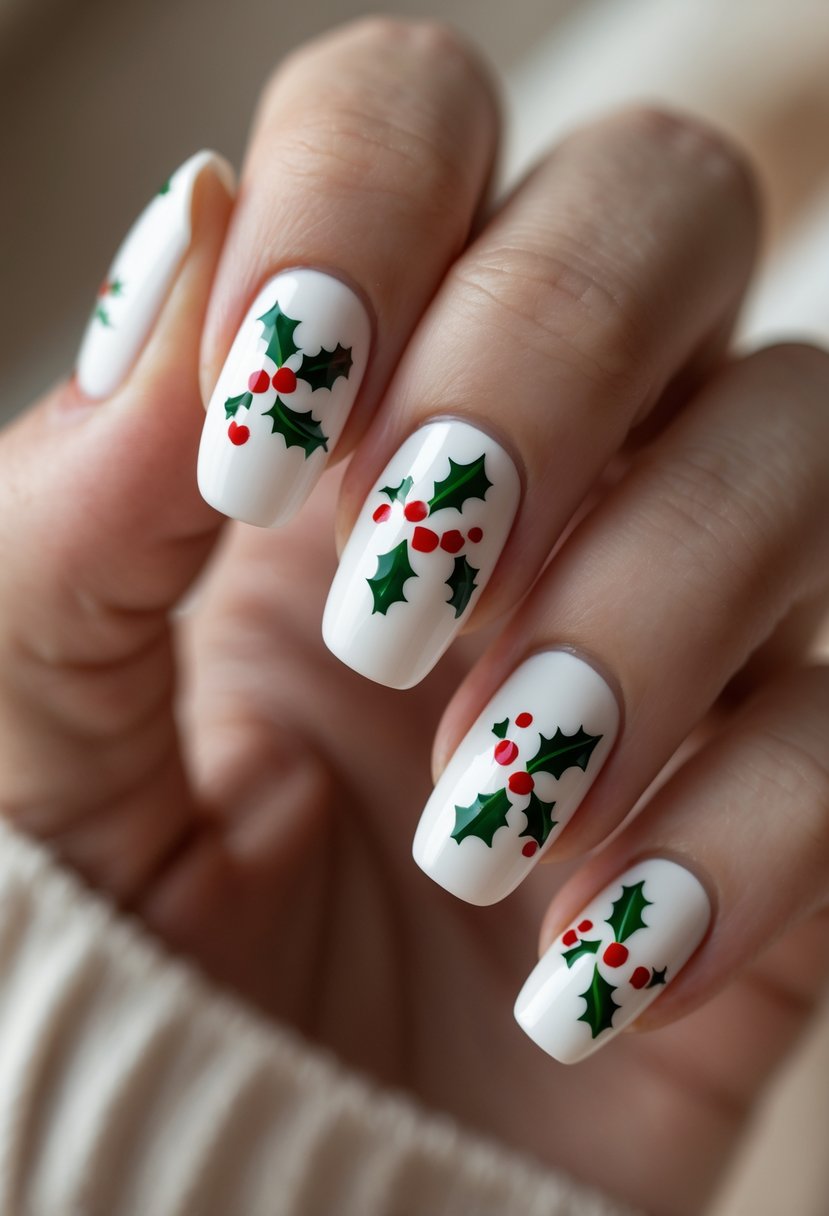 Close-up of a hand with white-tipped nails decorated with red holly berries and green leaves.