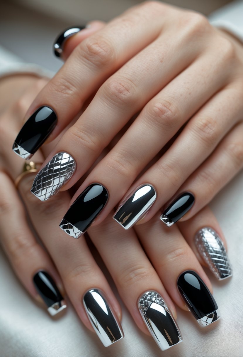 Close-up of hands showing black nails with shiny chrome accents in various designs.