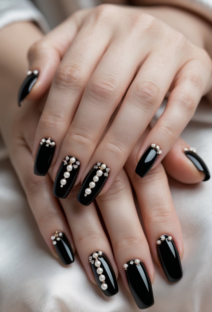 Close-up of hands with black nails decorated with small pearl details.