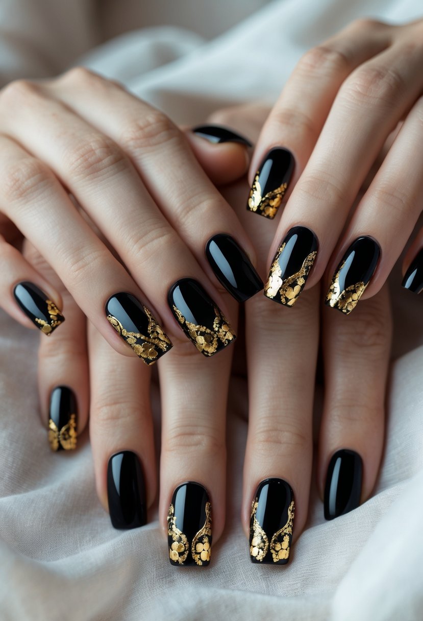 Close-up of hands with black nails decorated with gold foil accents.