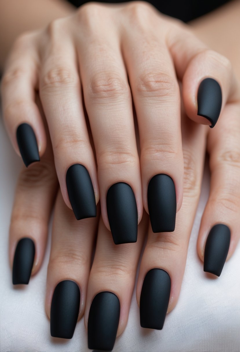 Close-up of hands showing 16 matte black painted nails against a neutral background.