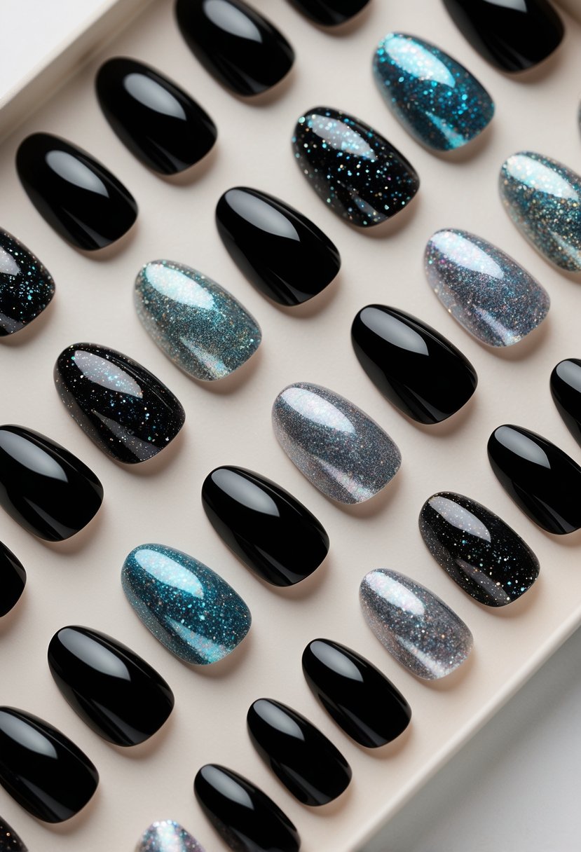 A close-up of sixteen black nails with glitter gradient designs arranged neatly on a plain background.