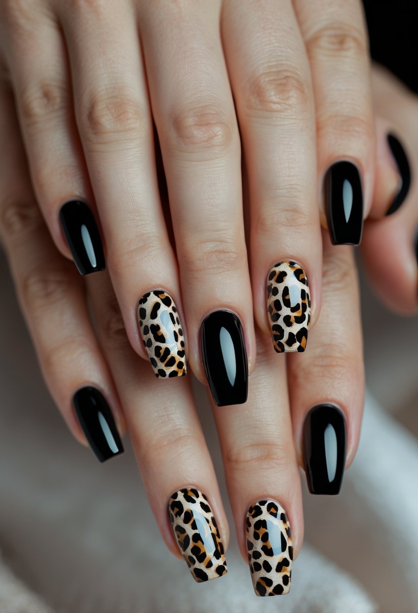 Close-up of hands with black nails and leopard print designs on some nails.