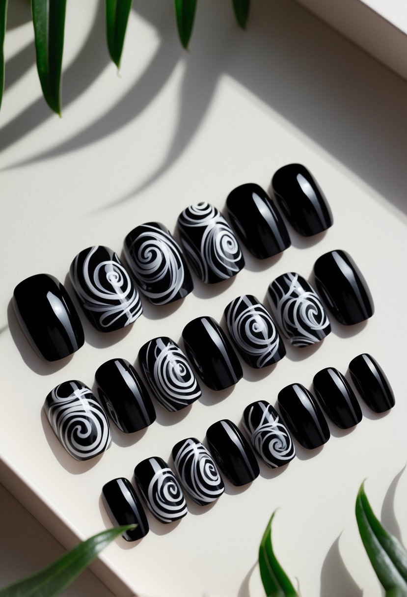 A set of 16 black acrylic nails with swirl designs arranged on a neutral background.
