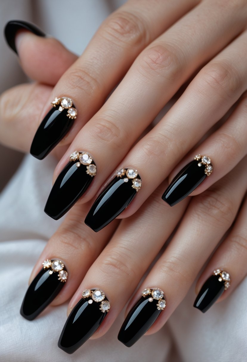 Close-up of hands with black nails decorated with small rhinestone studs.