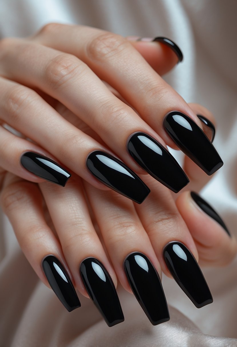 Close-up of two hands with long black coffin-shaped nails posed against a neutral background.