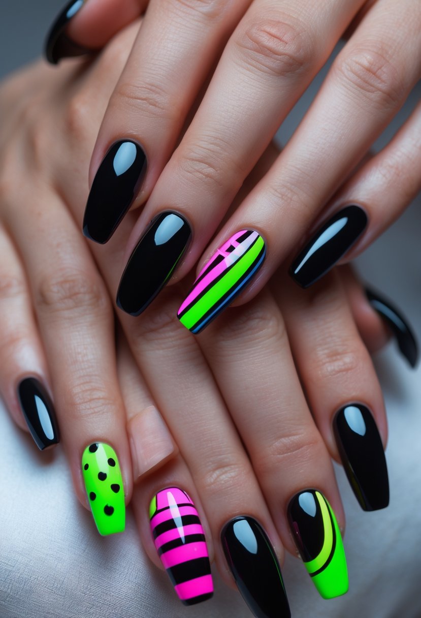 Close-up of hands showing sixteen black nails with bright neon accents in various designs.
