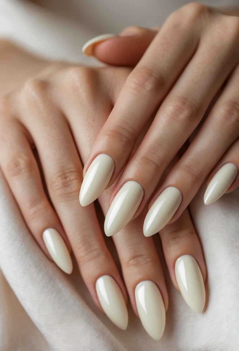 Close-up of hands with creamy ivory glossy nails against a neutral background.