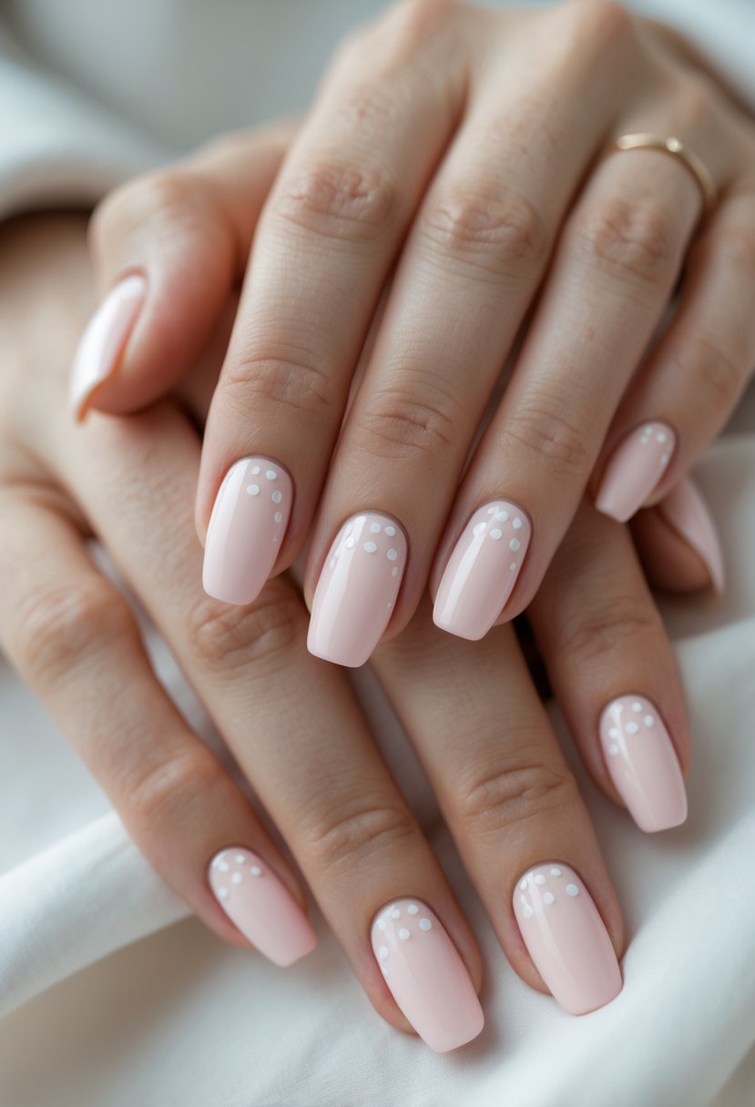 Close-up of hands with baby pink nails decorated with small white dots.