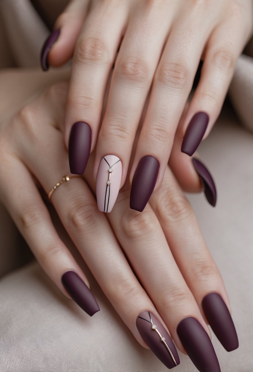Close-up of hands with neatly manicured nails painted in deep burgundy color.