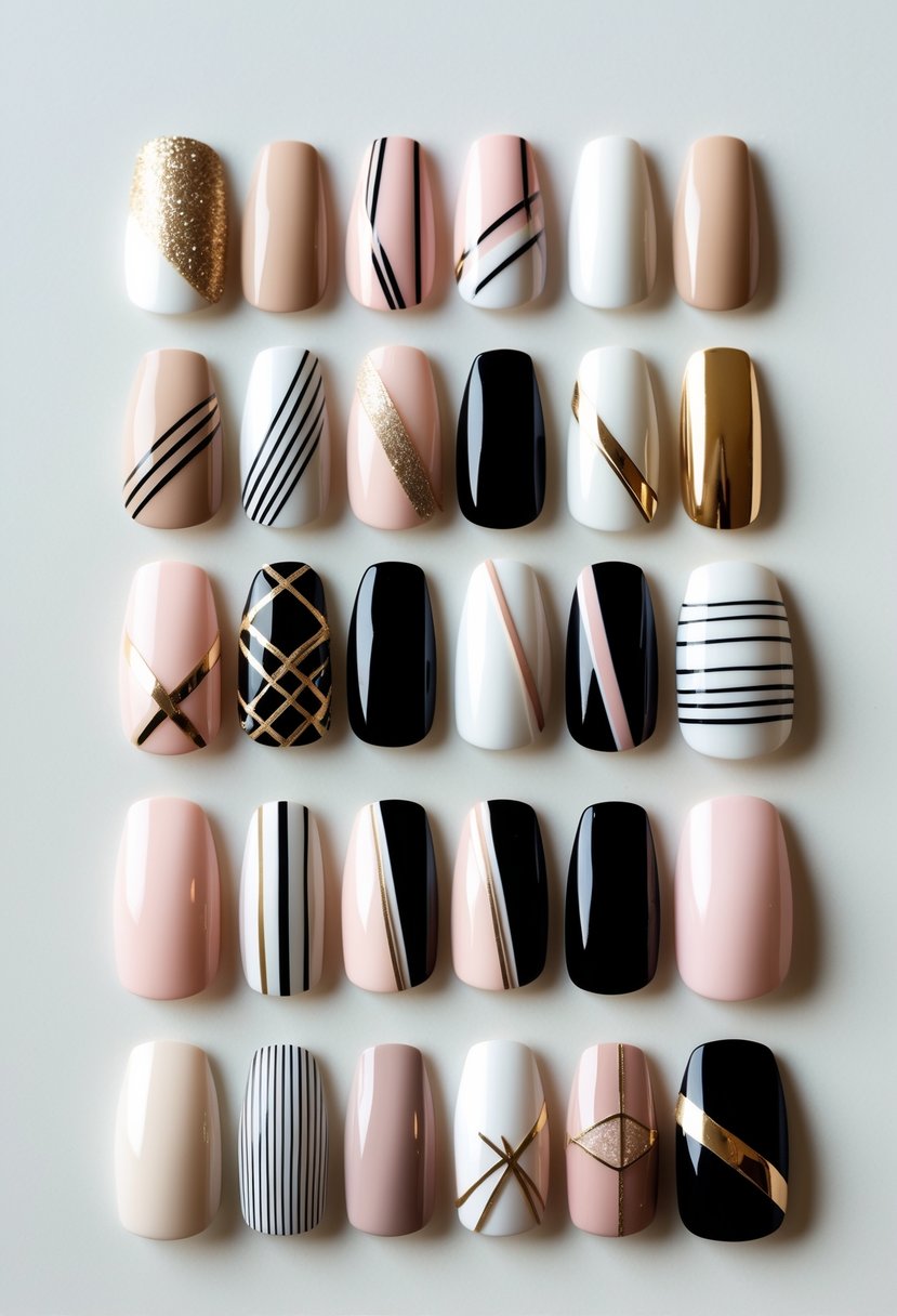 A collection of 23 neatly arranged nails with various geometric patterns on a white background.