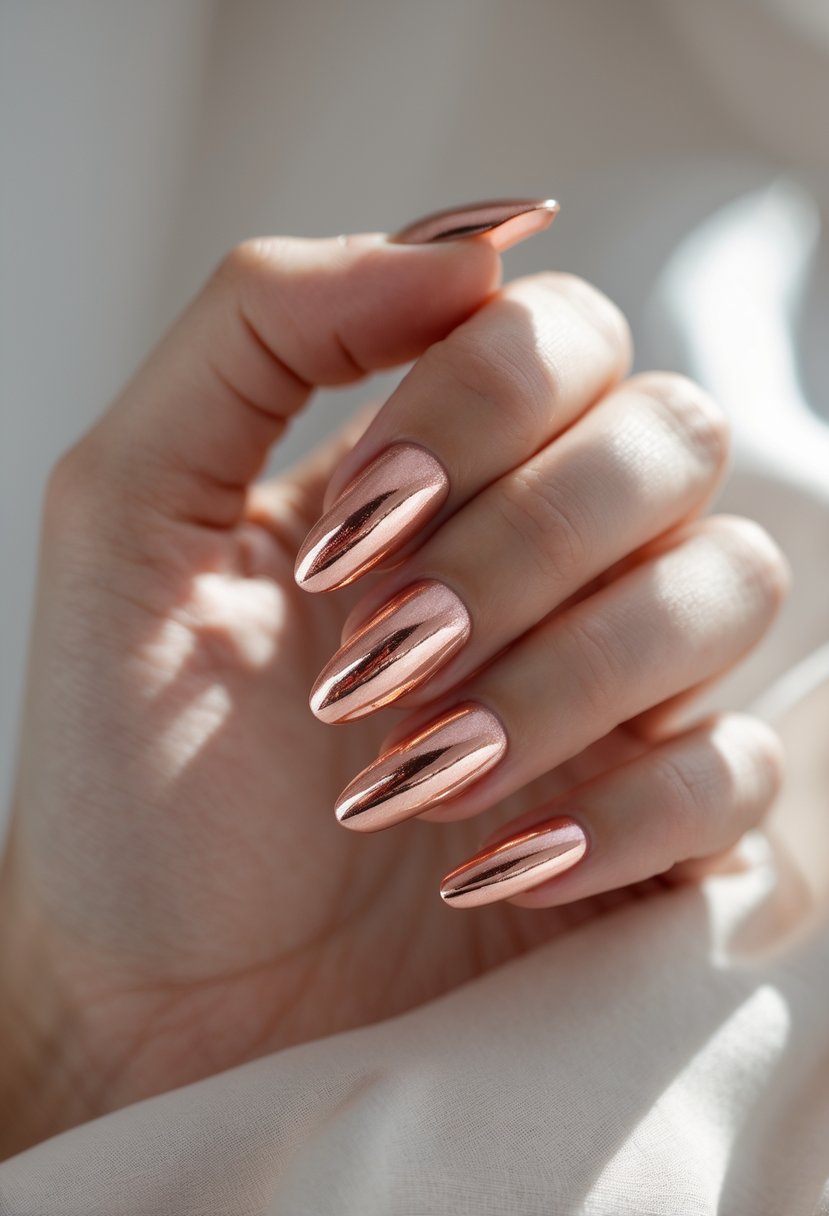 Close-up of a hand with 23 rose gold metallic nails against a neutral background.