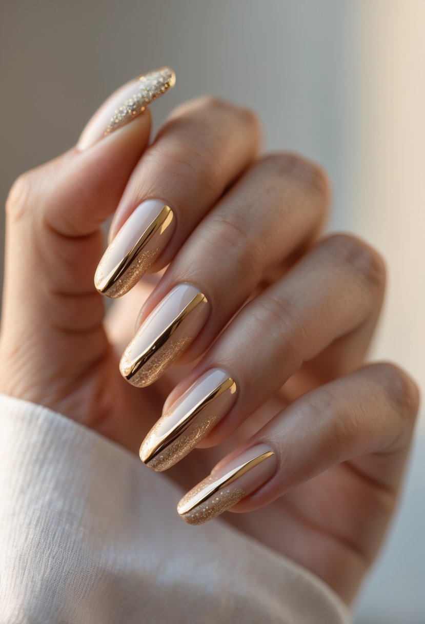 Close-up of a hand with 23 neatly manicured nails featuring champagne gold accent tips.