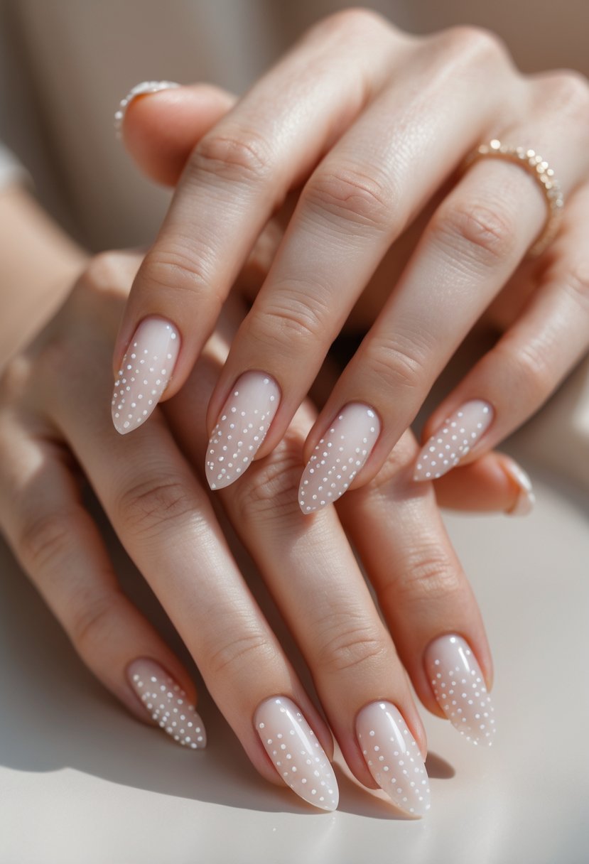 Close-up of hands with clear glossy nails decorated with small dots resting on a light surface.