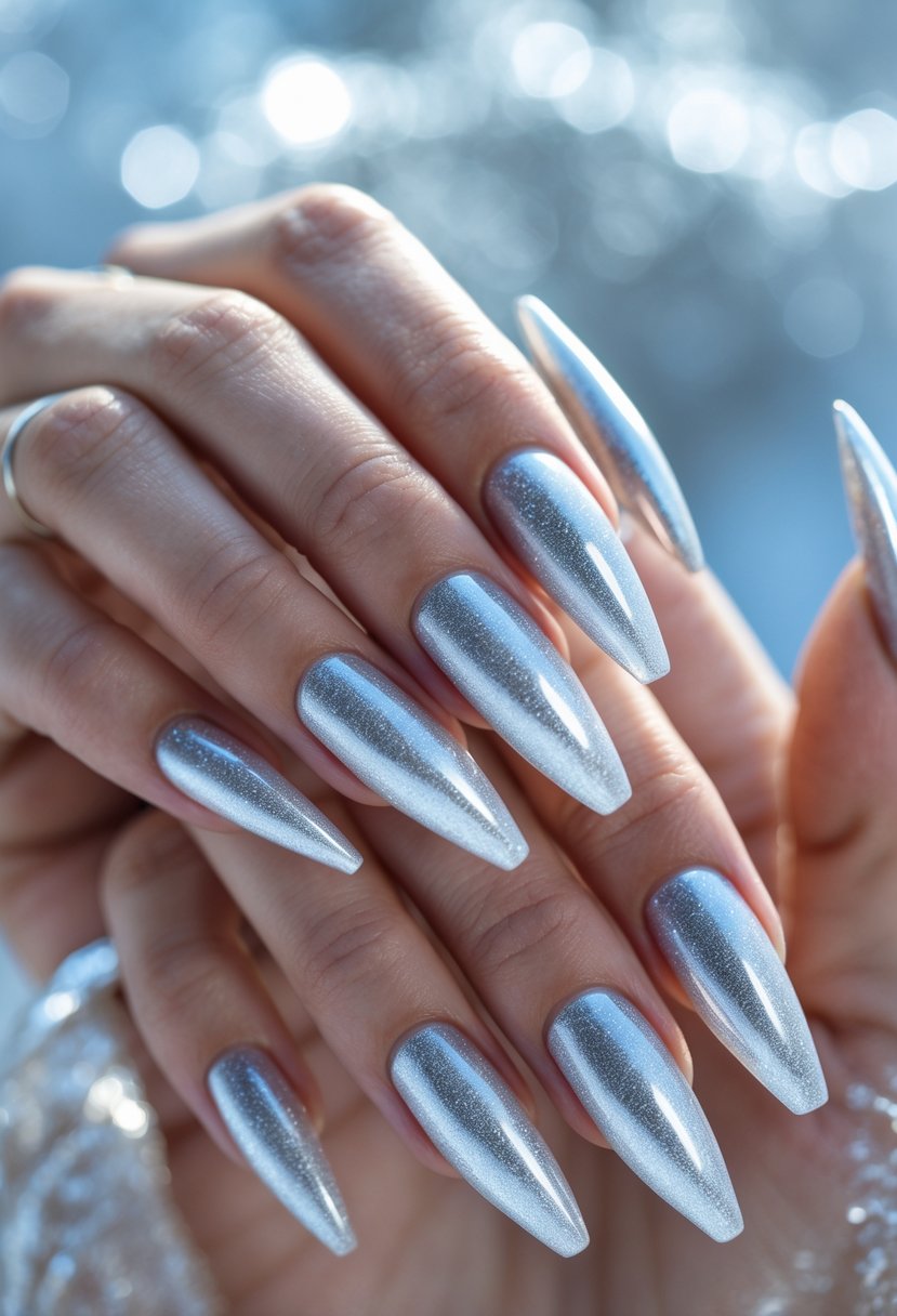 Close-up of hands with long silver chrome stiletto nails against a soft winter-themed background.