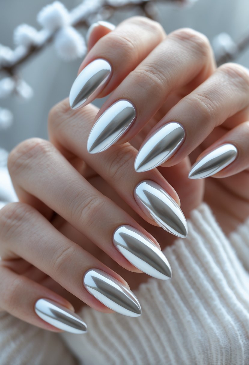 Close-up of hands with white chrome almond-shaped nails against a soft winter-themed background.