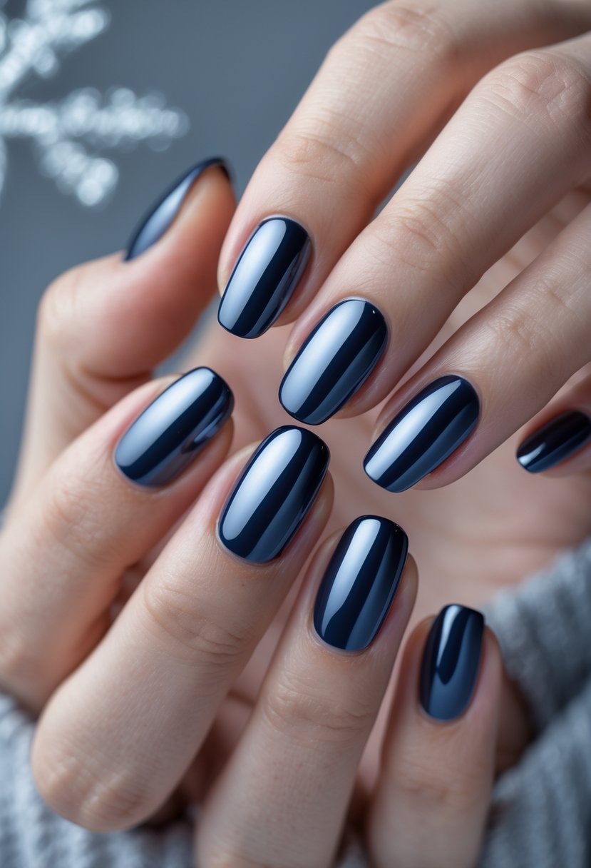 Close-up of hands with metallic navy blue chrome nails against a soft winter-themed background.