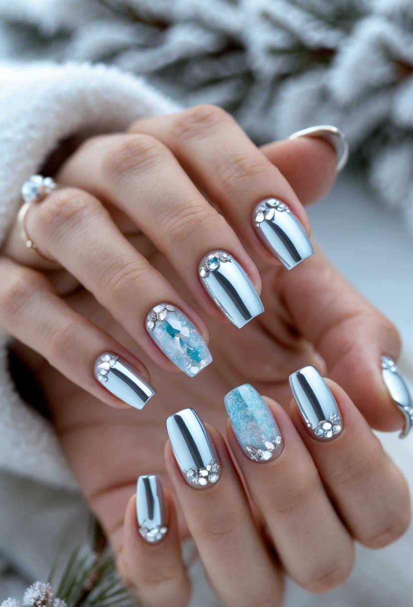 Close-up of hands with shiny chrome nails decorated with small crystals against a soft winter-themed background.