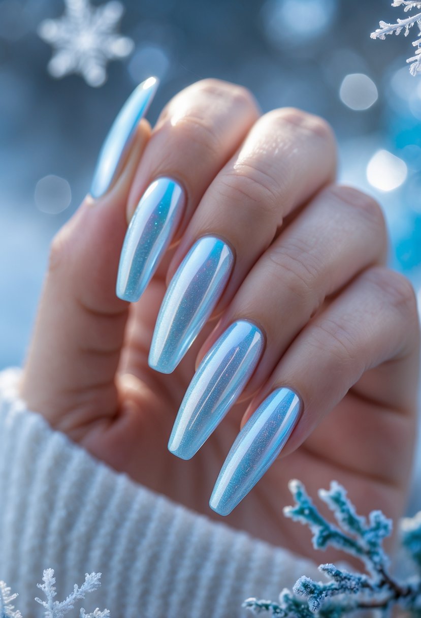 Close-up of a hand with long nails featuring a shiny, icy blue and white chrome finish against a soft wintery background.