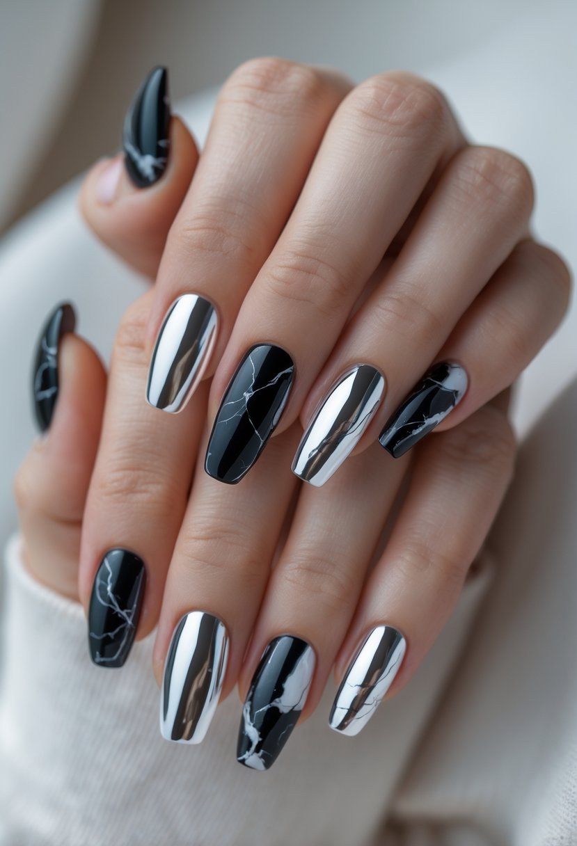 Close-up of hands with nails painted in chrome and black marble designs.