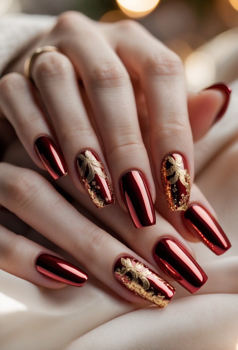 Close-up of hands with red and gold decorated winter-themed nails.