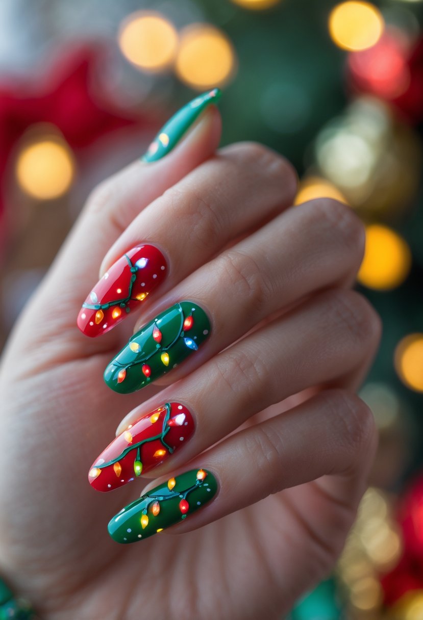 Close-up of a hand with 22 nails decorated with colorful Christmas lights nail art.