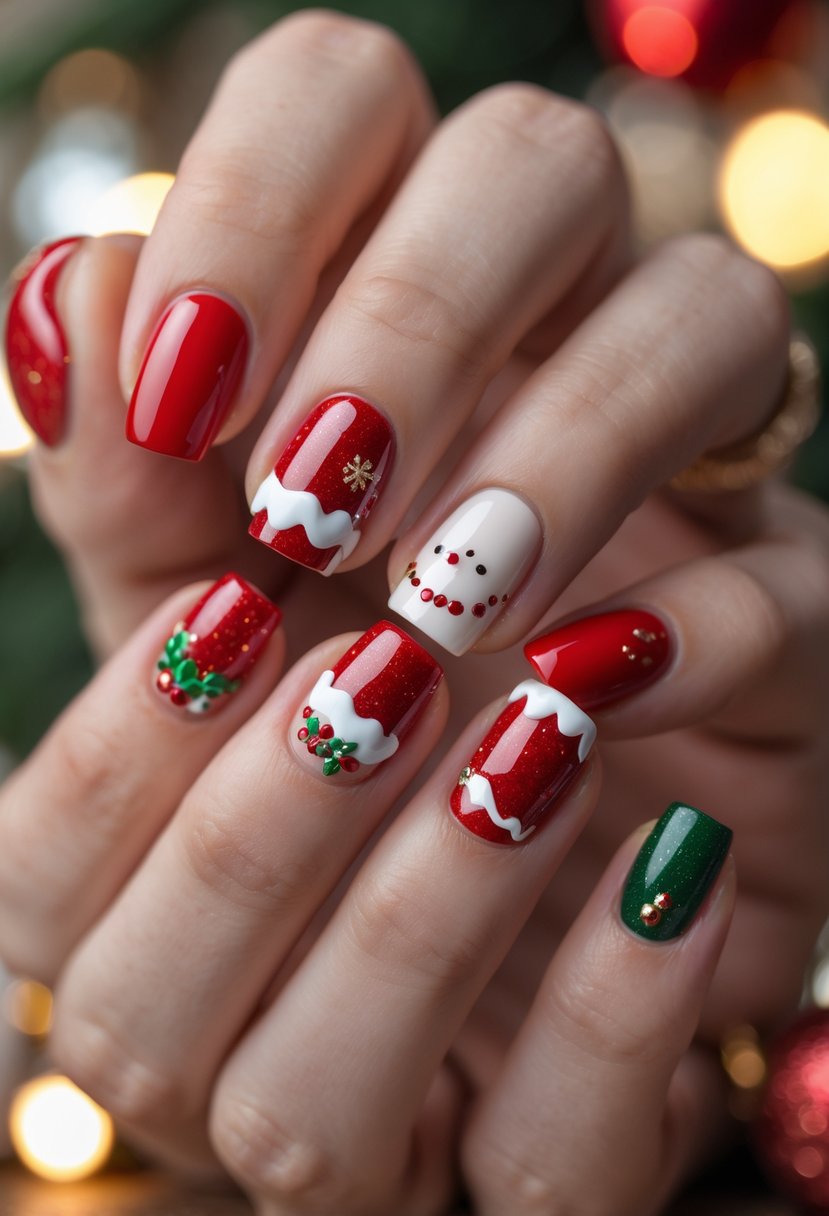 Close-up of hands with Christmas-themed nails featuring Santa hat designs.