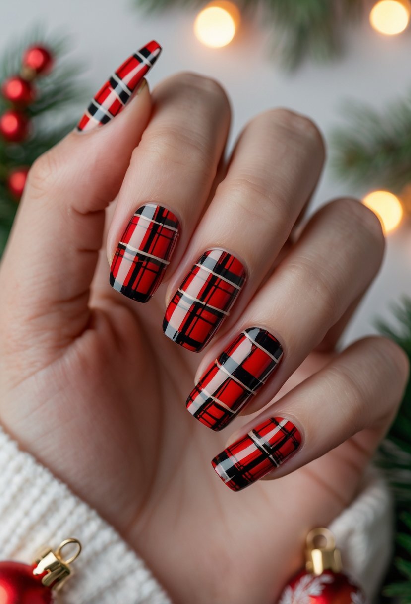 A close-up of a hand showing 22 nails painted with a red and black plaid pattern.