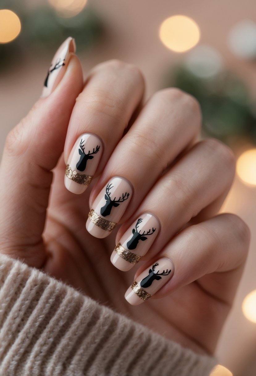 Close-up of a hand with Christmas-themed nails showing reindeer silhouettes on a neutral base.